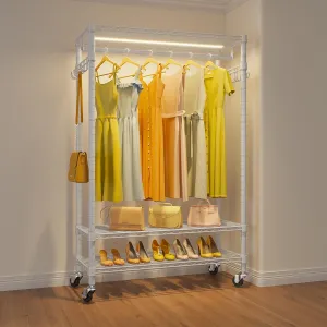 VIPEK R1L Garment Rack Rolling Clothes Rack with Dimmable Led Light, Portable Closet for Hanging Clothes, Heavy Duty Wardrobe with Wheels & Side Hooks, Clothing Rack with Adjustable Shelves, White
