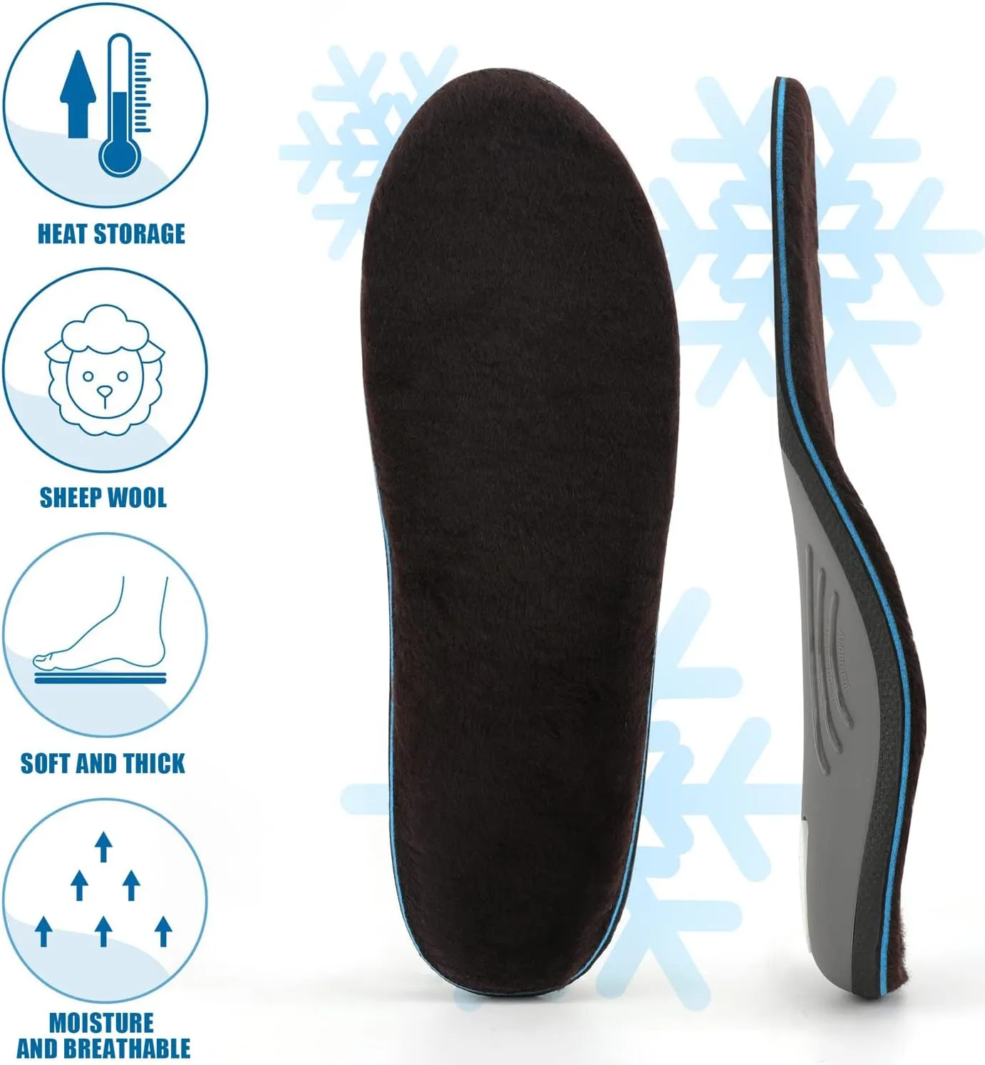 Walkomfy Warm Wool Insoles Winter Thick Outdoor Wool Shoe Inserts, Warm Work Boot Shoe Insoles Arch Support Orthotics Plantar Fasciitis Insoles for Women and Men