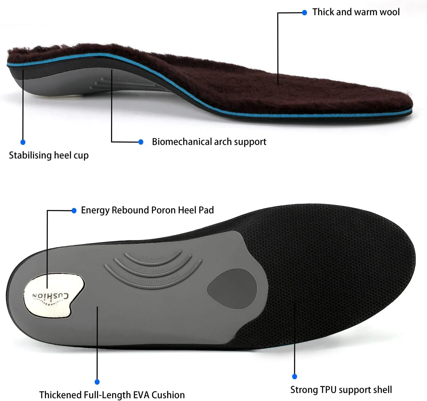 Walkomfy Warm Wool Insoles Winter Thick Outdoor Wool Shoe Inserts, Warm Work Boot Shoe Insoles Arch Support Orthotics Plantar Fasciitis Insoles for Women and Men