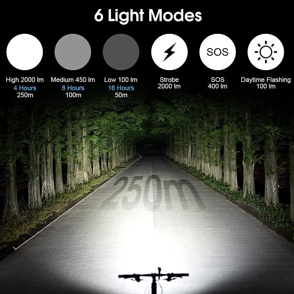 WASAGA Bike Lights Rechargeable, 2000 Lumen for Night Riding IPX6 Waterproof Bicycle Headlight, 6 LED 6 Light Modes Runtime 16 Hours Smart Front Light for Mountain Road Commuter Bikes Cycling Safety