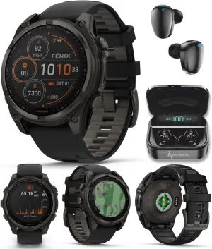 Wearable4U Garmin Fenix 8 47 mm, Multisport GPS Smartwatch, Solar, Sapphire, Carbon Gray DLC Titanium with Black/Pebble Gray Silicone, Built-in LED Flashlight, Voice Control Black Earbuds Bundle