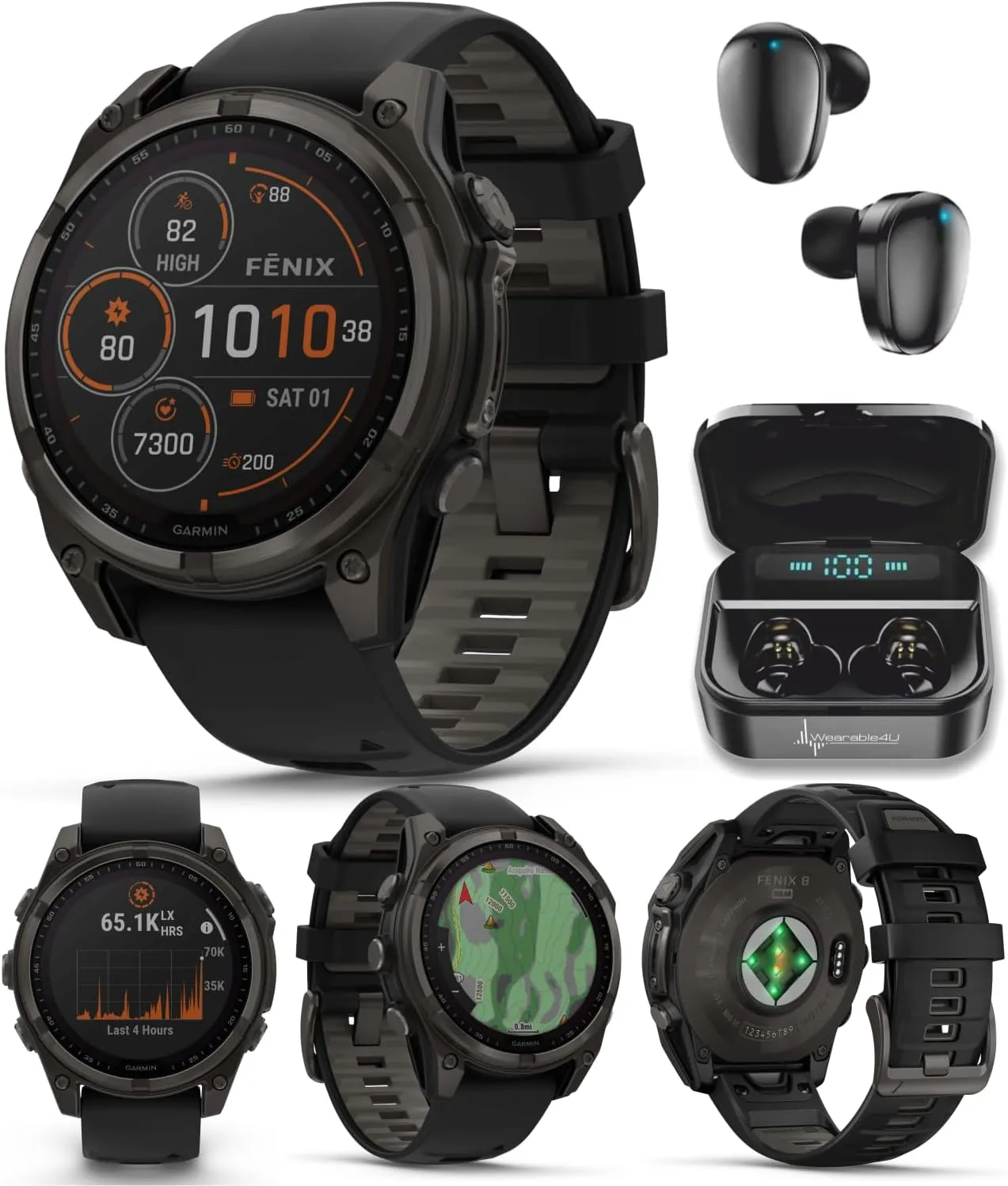 Wearable4U Garmin Fenix 8 47 mm, Multisport GPS Smartwatch, Solar, Sapphire, Carbon Gray DLC Titanium with Black/Pebble Gray Silicone, Built-in LED Flashlight, Voice Control Black Earbuds Bundle