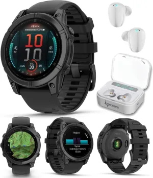 Wearable4U Garmin Fenix E – 47 mm, AMOLED, Premium Multisport GPS Smartwatch, Long-Lasting Battery Life, Slate Gray Steel with Black Silicone Band White Earbuds Bundle