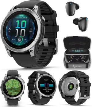 Wearable4U Garmin Fenix E – 47 mm, AMOLED, Premium Multisport GPS Smartwatch, Long-Lasting Battery Life, Stainless Steel with Black Silicone Band Black Earbuds Bundle