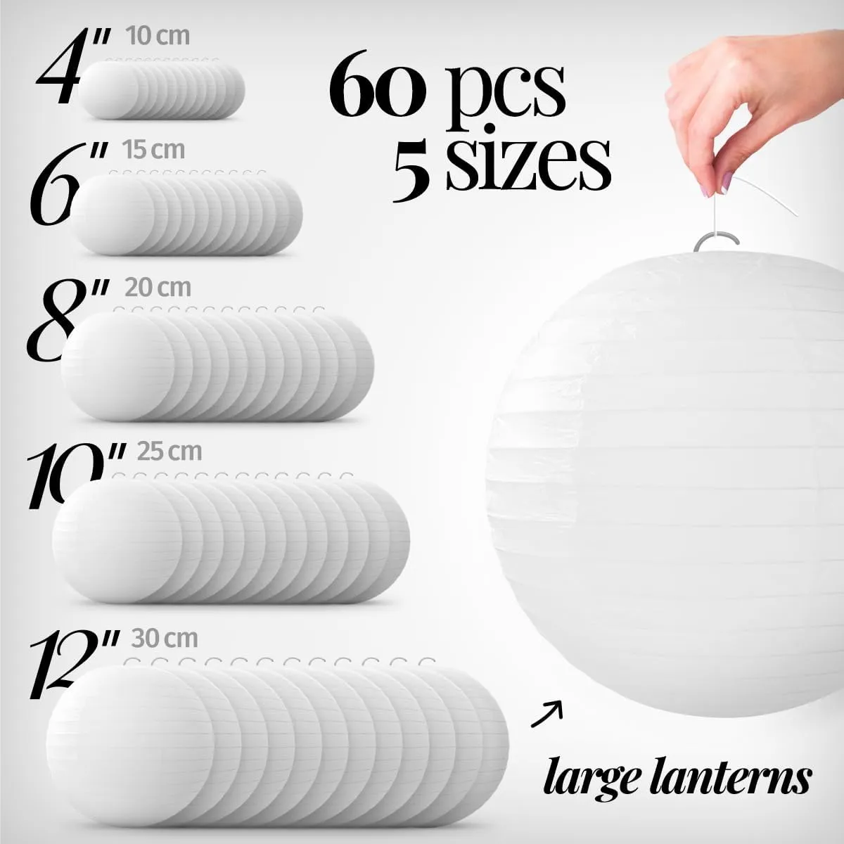 White Paper Lanterns - 60 Piece Set - Party Decorations - Hanging Chinese Lanterns in Sizes of 4", 6", 8", 10", 12" (12 of Each) - Hanging lantern Indoor/Outdoor - White Wedding Decorations by Avoseta