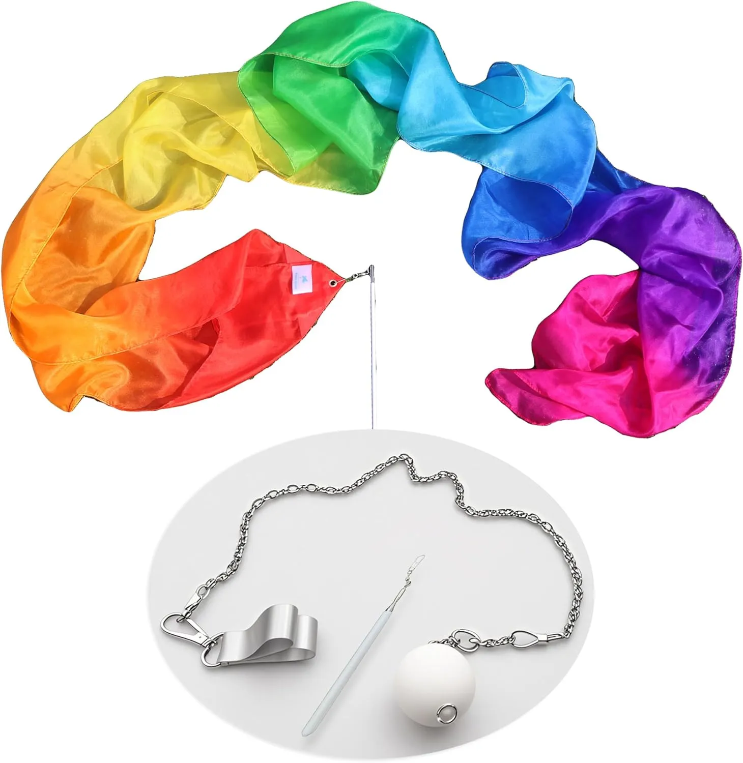 Winged Sirenny Lightweight Worship Poi-Streamer, 98" Silk Poi-Ribbon Dance Prop for Praise Dance & Flow Art, with a Poi Rope & Telescopic Rod,Rainbow