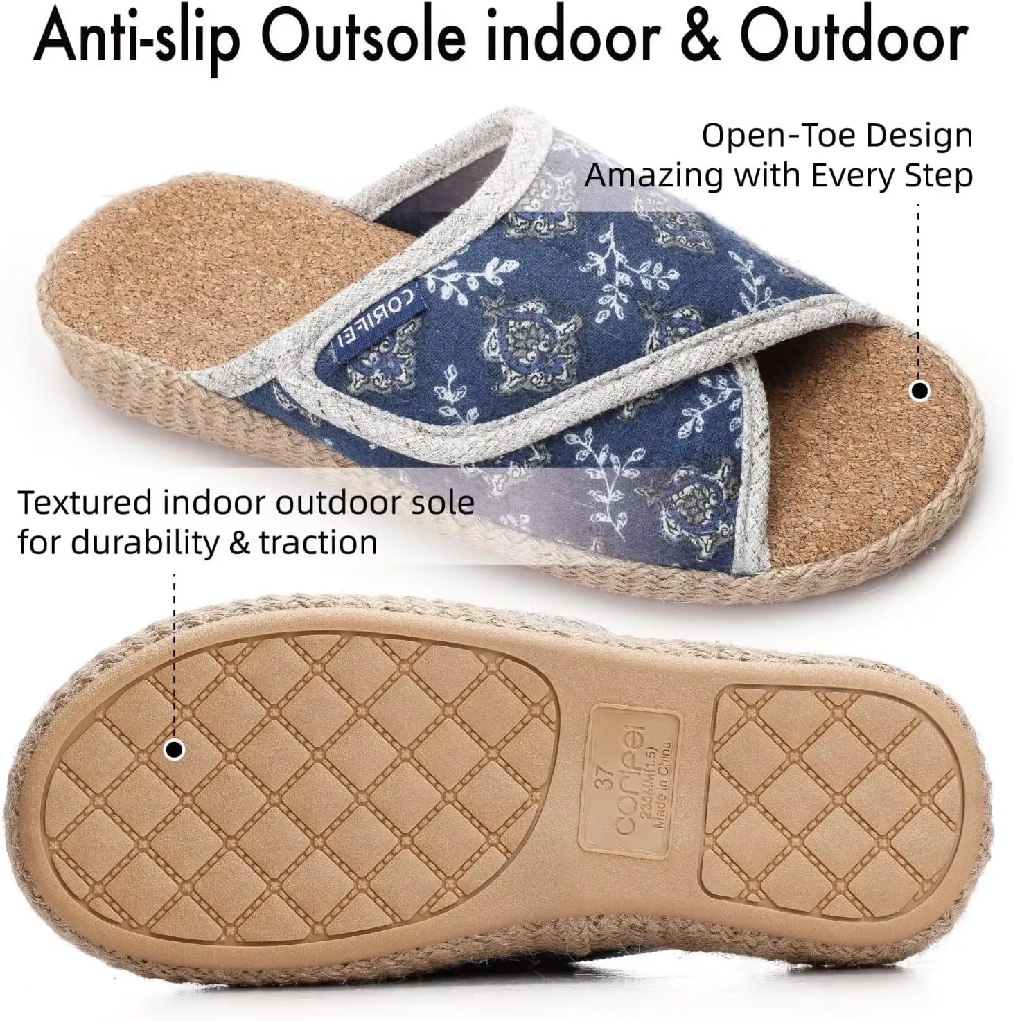 Women Slippers with Cork Insole Arch Support Adjustable Indoor Slides Rubber Sole