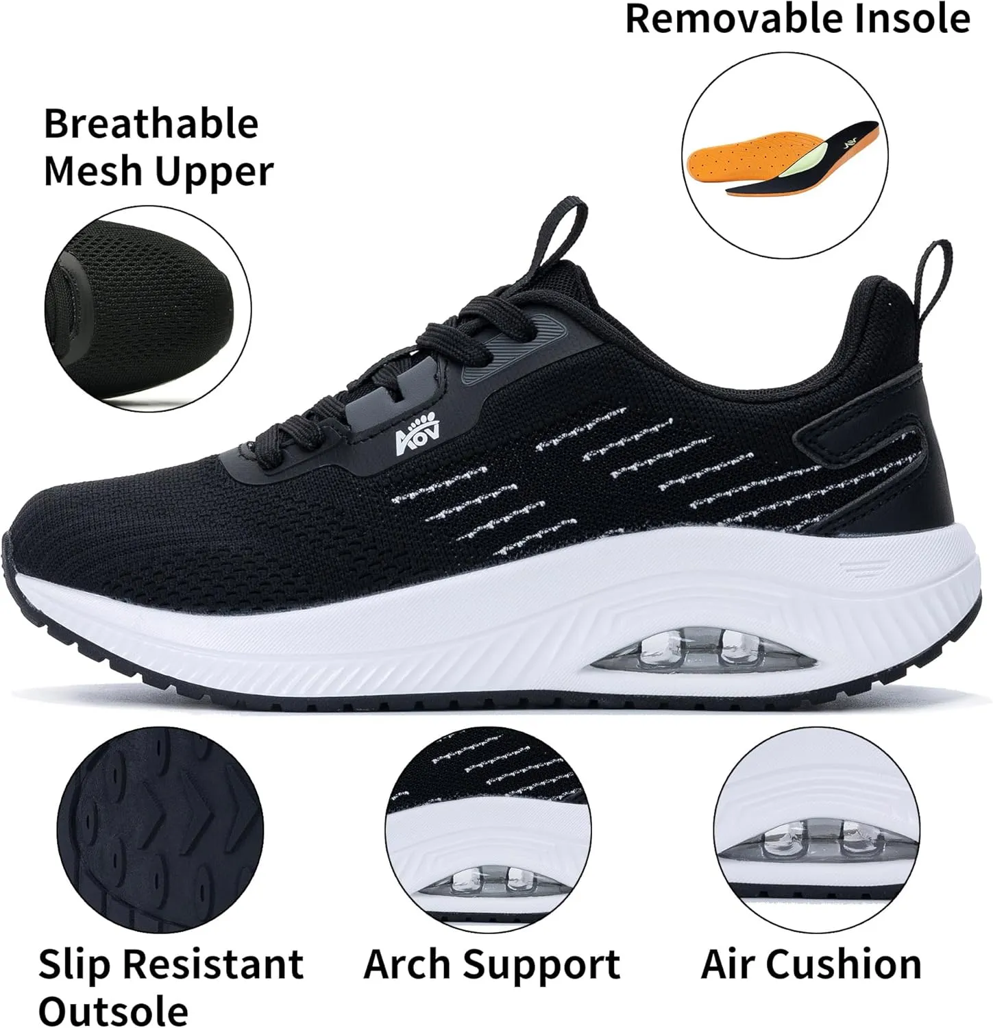 Women's Walking Shoes with Arch Support Orthotic Sneakers for Plantar Fasciitis Heel and Foot Pain Relief Tennis WhiteBlack Size 9.5