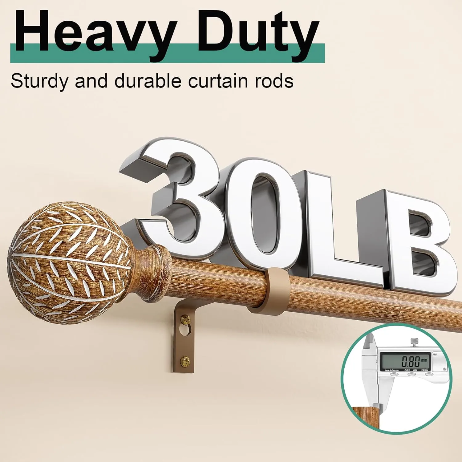 Wood Curtain Rods for Windows 48 to 84 Inch,1'' Diameter Drapery Rods with Imitation Wood Grain Leaf Pattern Finials,Boho Adjustable Heavy Duty Curtain Rods Set,36-88'',Color:Natural Wood