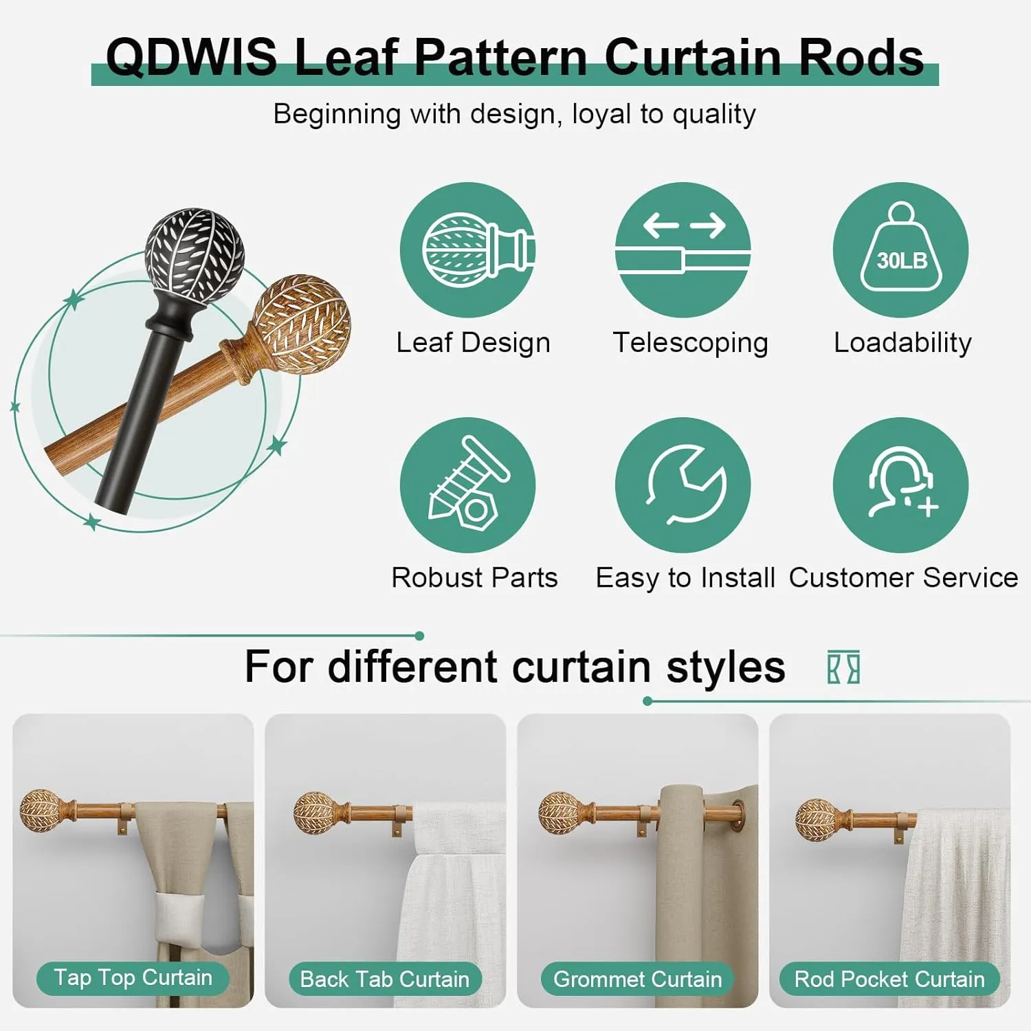 Wood Curtain Rods for Windows 48 to 84 Inch,1'' Diameter Drapery Rods with Imitation Wood Grain Leaf Pattern Finials,Boho Adjustable Heavy Duty Curtain Rods Set,36-88'',Color:Natural Wood