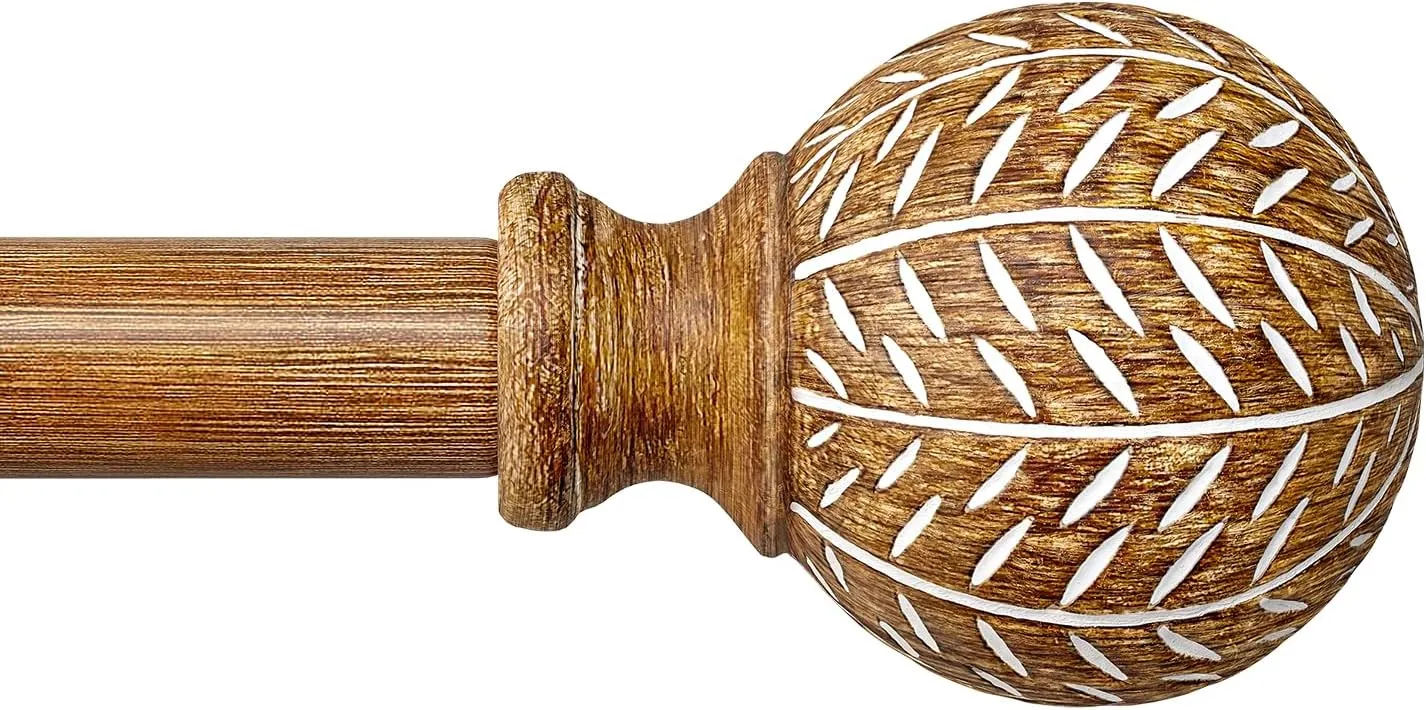 Wood Curtain Rods for Windows 48 to 84 Inch,1'' Diameter Drapery Rods with Imitation Wood Grain Leaf Pattern Finials,Boho Adjustable Heavy Duty Curtain Rods Set,36-88'',Color:Natural Wood