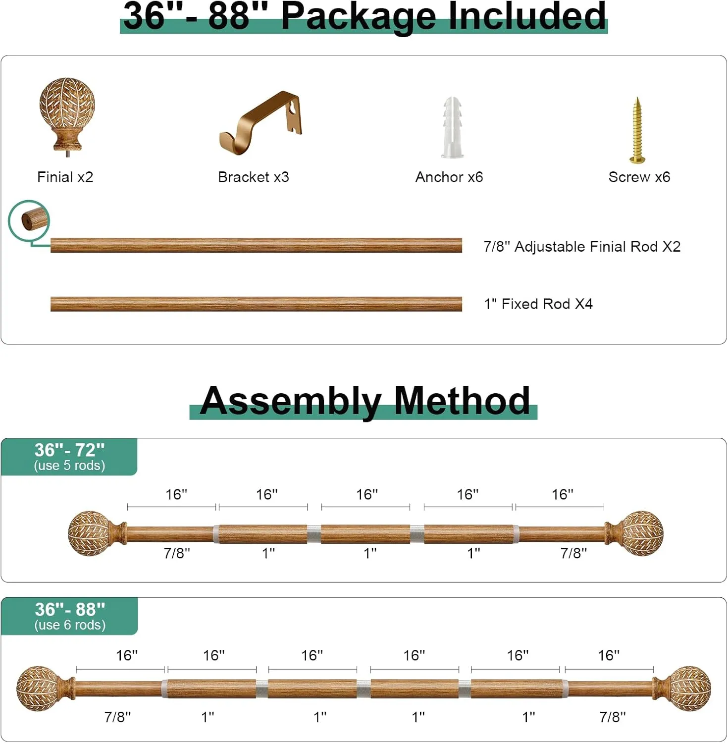 Wood Curtain Rods for Windows 48 to 84 Inch,1'' Diameter Drapery Rods with Imitation Wood Grain Leaf Pattern Finials,Boho Adjustable Heavy Duty Curtain Rods Set,36-88'',Color:Natural Wood