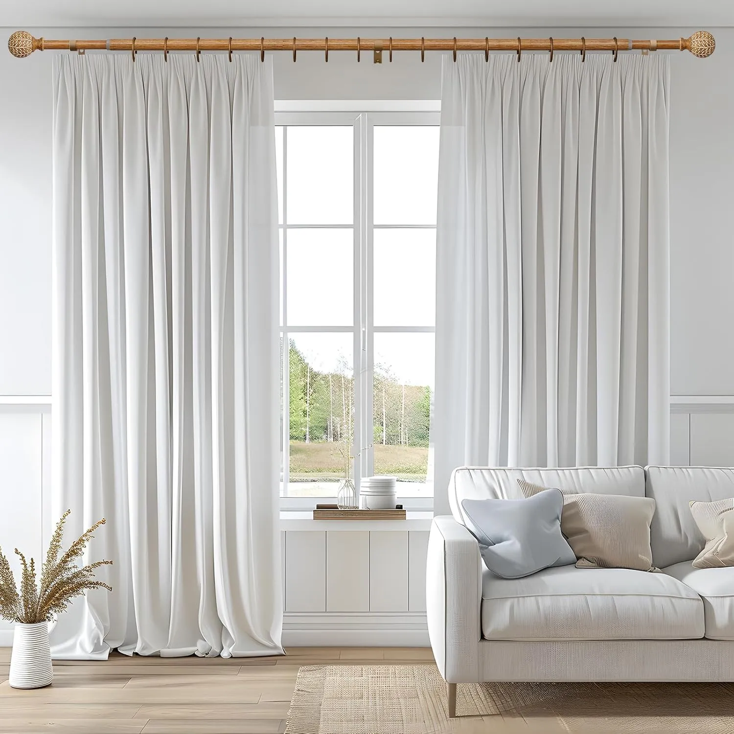 Wood Curtain Rods for Windows 48 to 84 Inch,1'' Diameter Drapery Rods with Imitation Wood Grain Leaf Pattern Finials,Boho Adjustable Heavy Duty Curtain Rods Set,36-88'',Color:Natural Wood