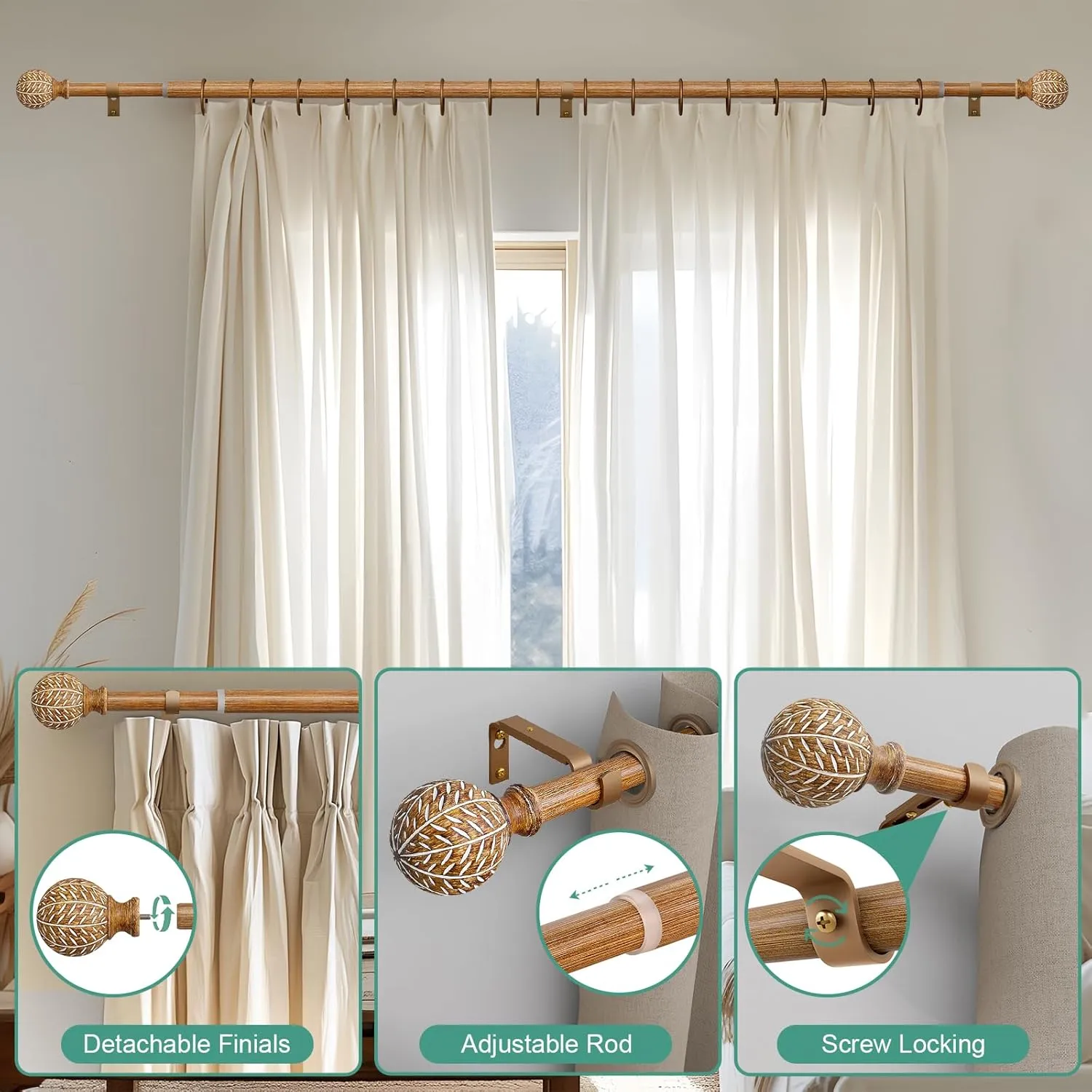 Wood Curtain Rods for Windows 48 to 84 Inch,1'' Diameter Drapery Rods with Imitation Wood Grain Leaf Pattern Finials,Boho Adjustable Heavy Duty Curtain Rods Set,36-88'',Color:Natural Wood