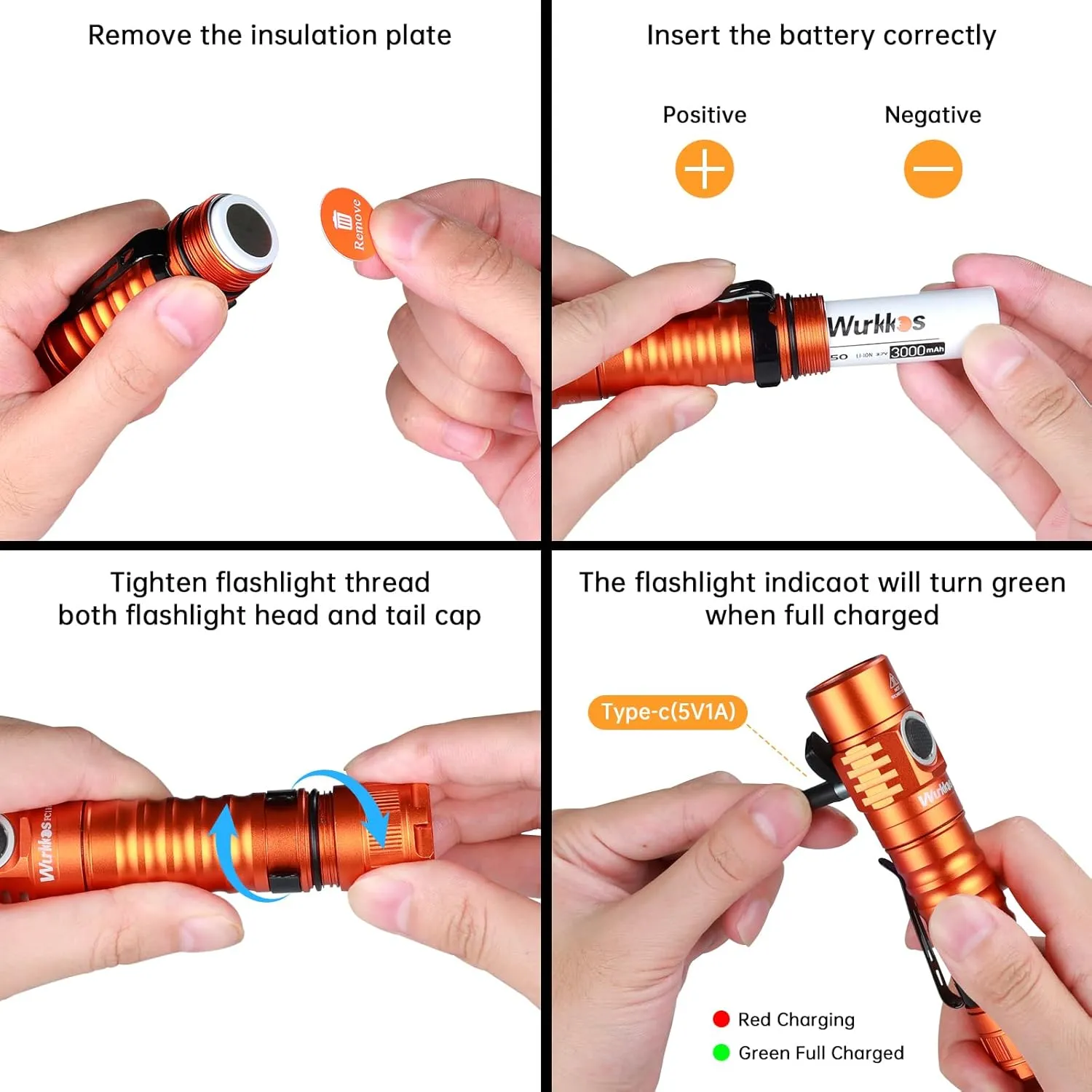 Wurkkos FC11C Led Flashlight Rechargeable High Lumen 1200, Small Powerful Flashlight USB C, Super Bright EDC Flashlight IP68 Waterproof, 155Meters Long Range, 90 High CRI (Orange 5000K)