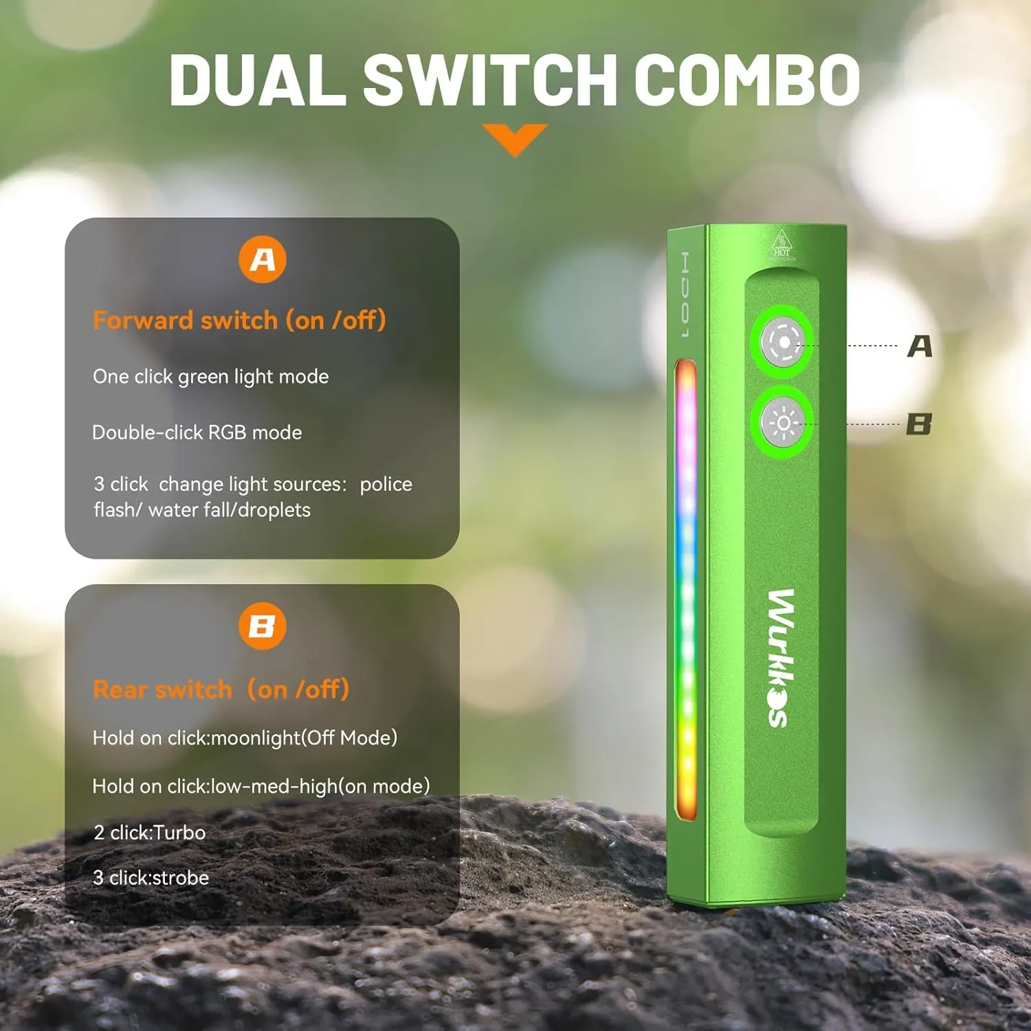Wurkkos HD01 Flat EDC Flashlight with RGB Light and Green Light, 1200 Lumens Rechargeable EDC Flashlight, Triple Light Sources Pocket Lights, Magnetic Flashlight for Outdoors, Work, Emergency