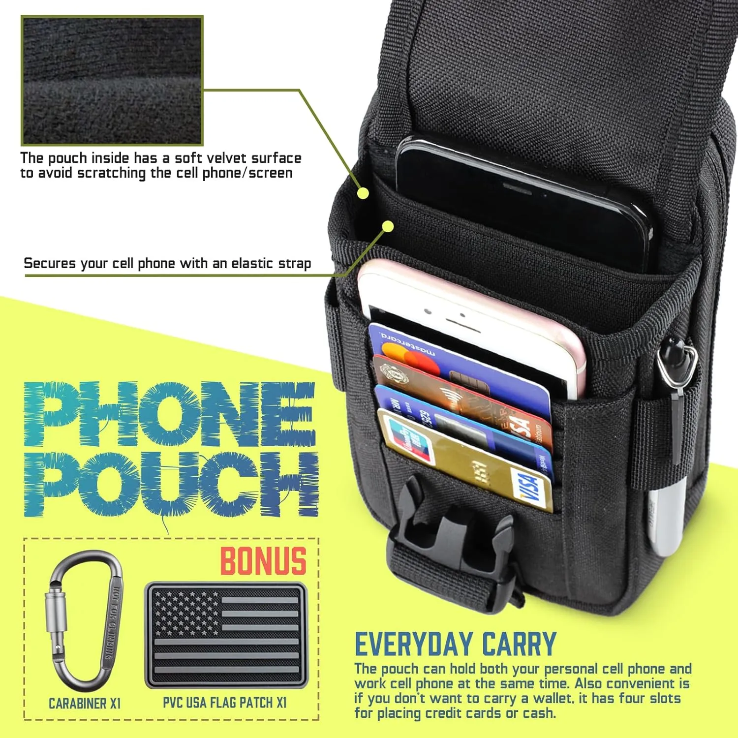 WYNEX Tactical Compass Phone Pouch, Large Molle Smartphone Holster Case Double Capacity Small Utility EDC Pouch with Compass Buckle and Carabiner