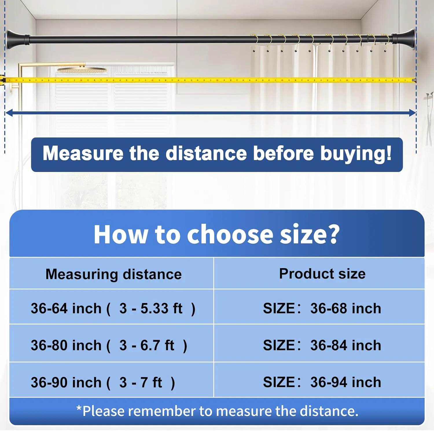 YNL Matte Black Shower Curtain Rod 36-84 Inch(3-7ft), No Slip No Drill Stainless Steel Spring Tension Curtain Rod, No Rust Shower Rod Adjustable For Bathroom Window Bedroom