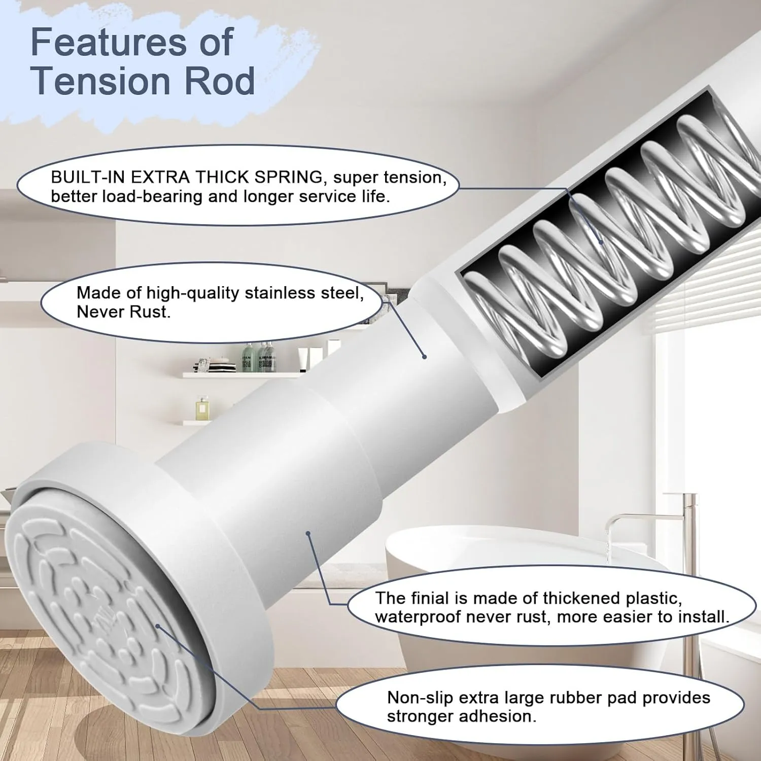 YNL White Shower Curtain Rod 32-80 Inch(2.7-6.6ft), Non Slip, Never Rust, No Drill Stainless Steel Spring Tension Shower Rod, Telescoping Curtain Rod for Bathroom Window Living Room