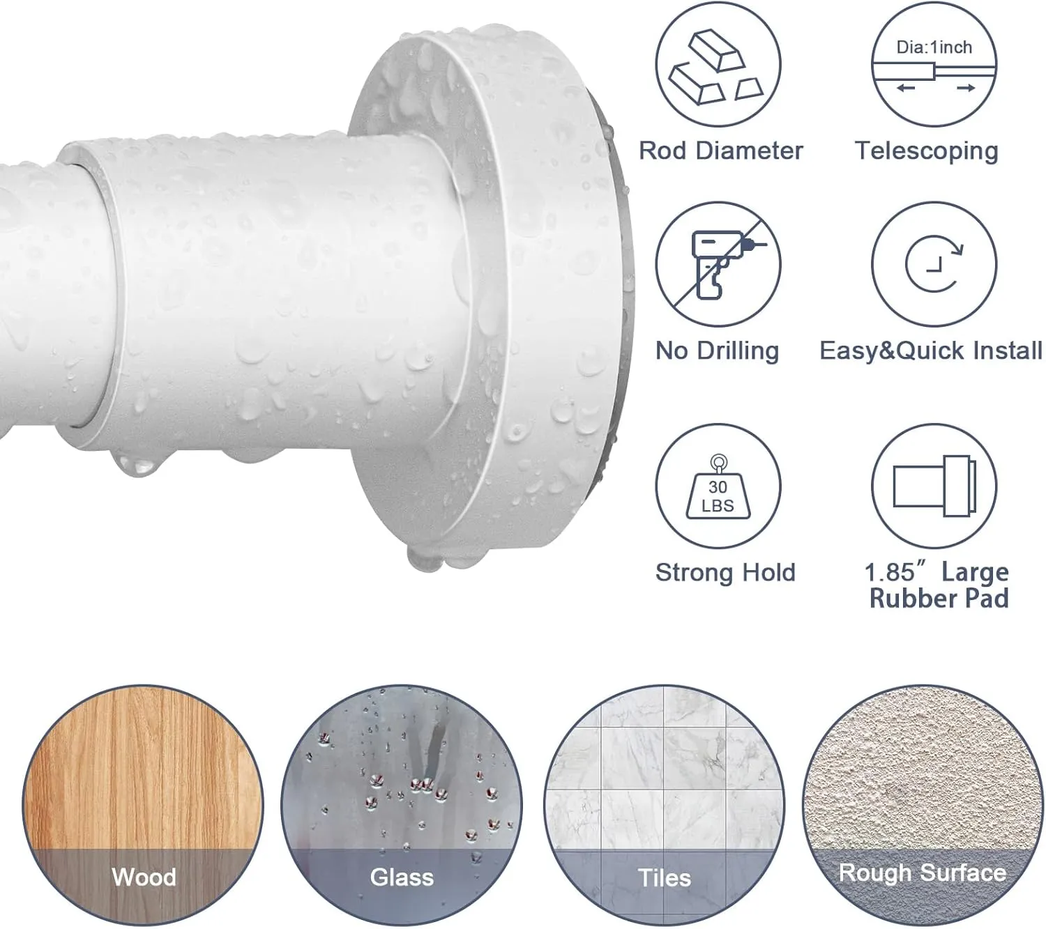 YNL White Shower Curtain Rod 32-80 Inch(2.7-6.6ft), Non Slip, Never Rust, No Drill Stainless Steel Spring Tension Shower Rod, Telescoping Curtain Rod for Bathroom Window Living Room