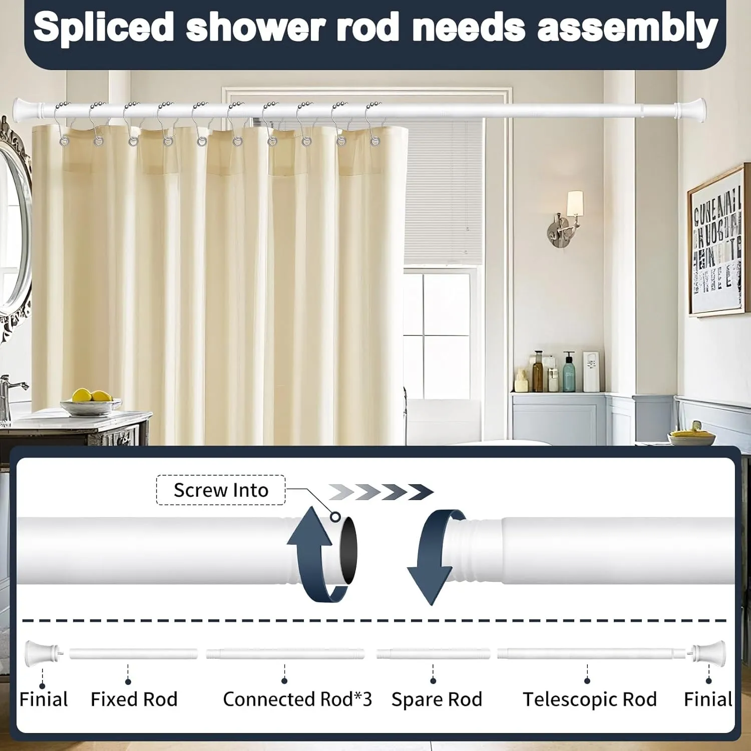 YNL White Shower Curtain Rod 36-94 Inch(3-7.8ft), No Slip No Drill No Rust Shower Rod For Bathroom Window Patio, Adjustable Spring Long Tension Rod