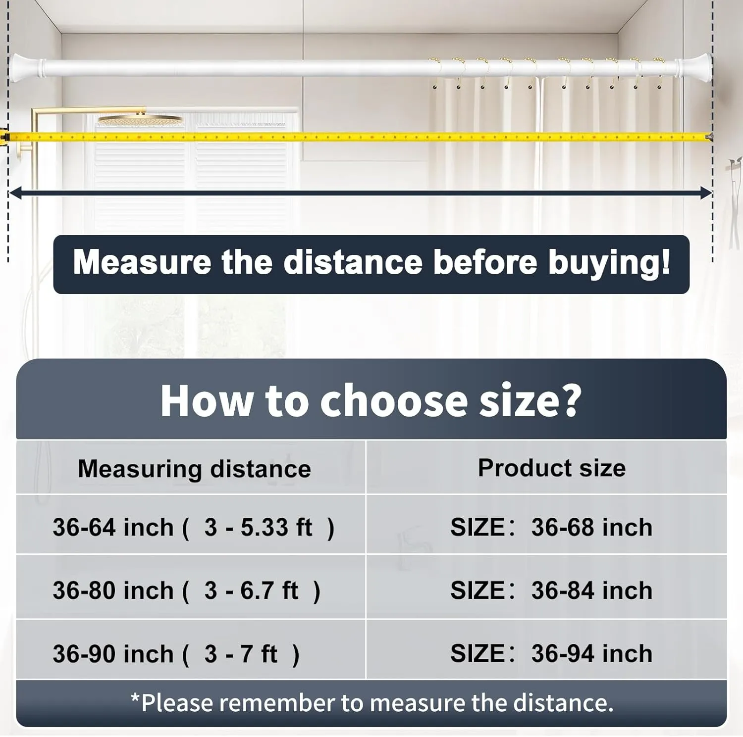YNL White Shower Curtain Rod 36-94 Inch(3-7.8ft), No Slip No Drill No Rust Shower Rod For Bathroom Window Patio, Adjustable Spring Long Tension Rod