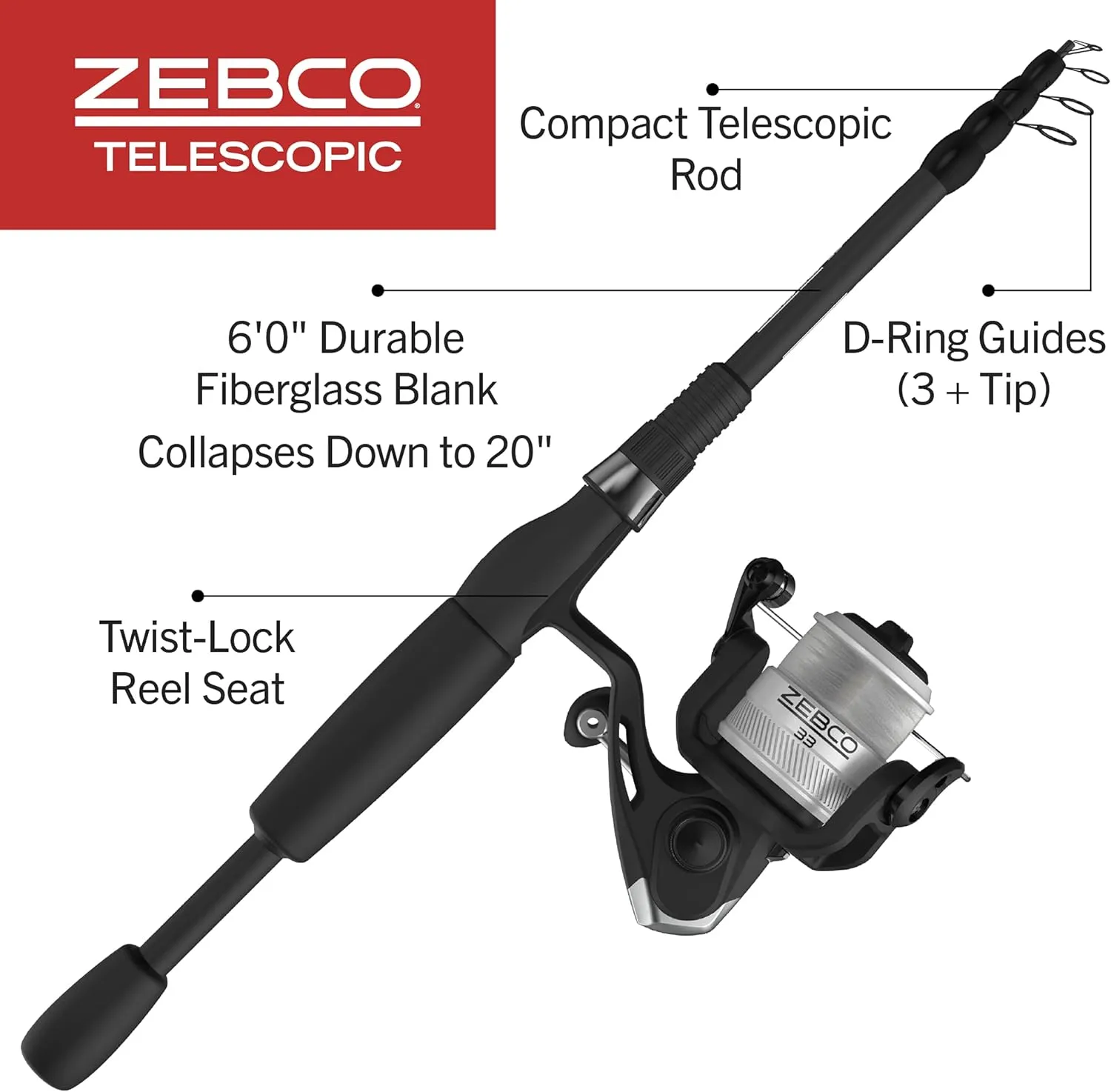 Zebco 33 Spinning Reel and Telescopic Fishing Rod Combo