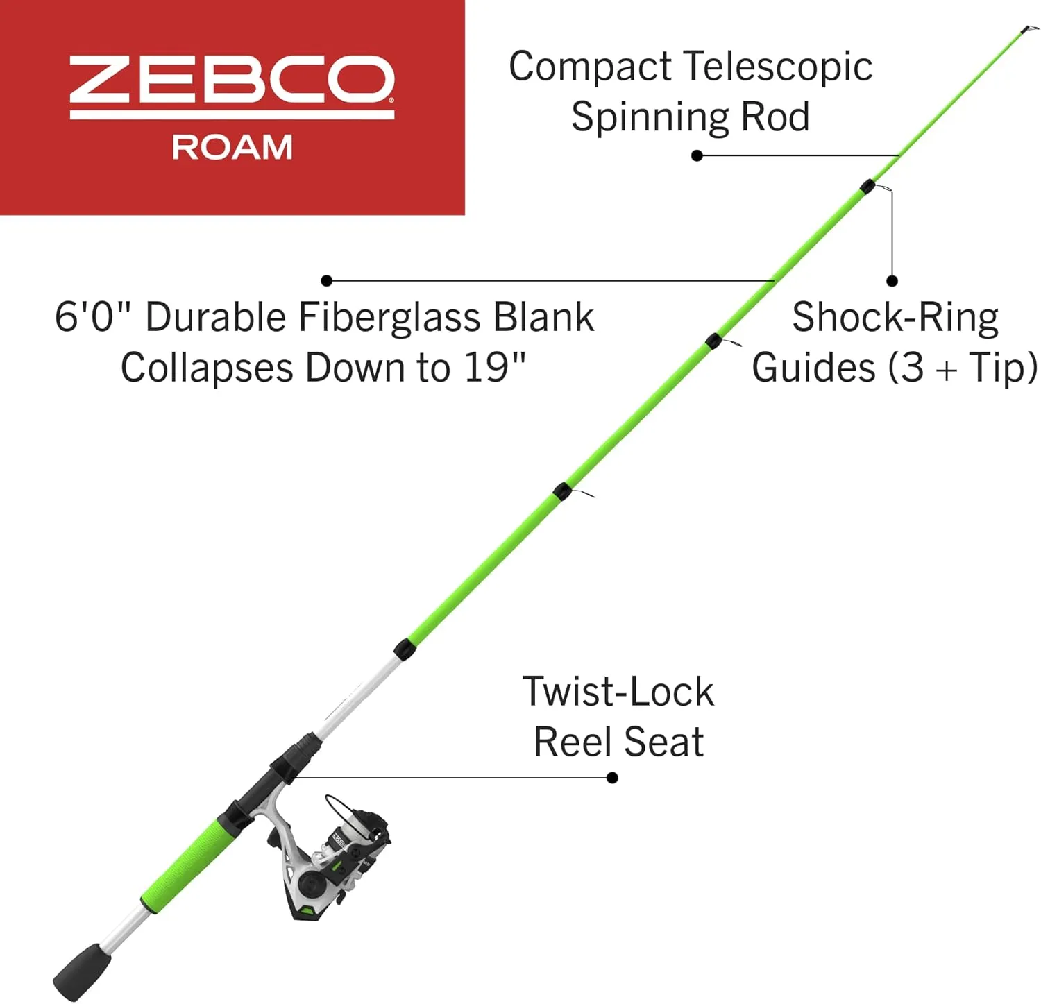 Zebco Roam Telescopic Fishing Rod and Spinning or Spincast Fishing Reel Combo, Durable 6-Foot Fiberglass Rod with ComfortGrip Handle, Pre-spooled with Zebco Cajun Fishing Line