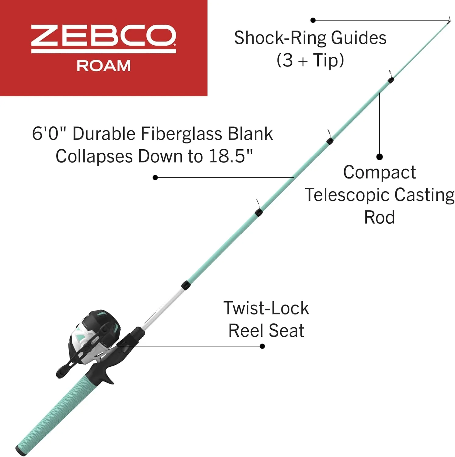 Zebco Roam Telescopic Fishing Rod and Spinning or Spincast Fishing Reel Combo, Durable 6-Foot Fiberglass Rod with ComfortGrip Handle, Pre-spooled with Zebco Cajun Fishing Line