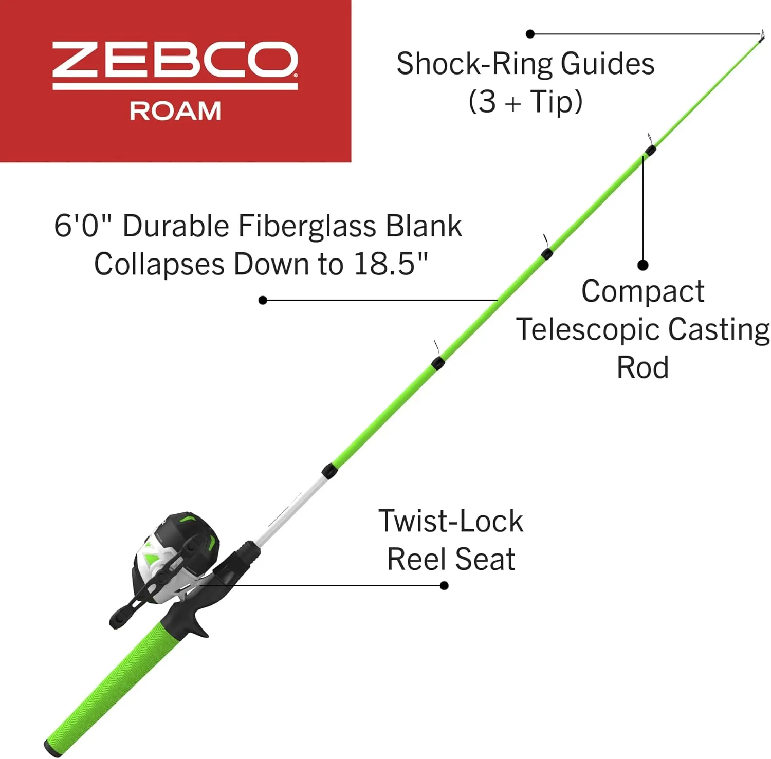 Zebco Roam Telescopic Fishing Rod and Spinning or Spincast Fishing Reel Combo, Durable 6-Foot Fiberglass Rod with ComfortGrip Handle, Pre-spooled with Zebco Cajun Fishing Line
