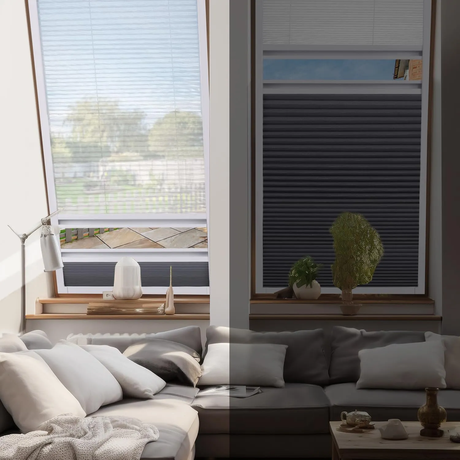 ZSHINE Manual Day Night Honeycomb Cellular Shades Light Filtering Thermal Retardation Non Wovens Fabric for Velux Skylight Window (Light Grey)